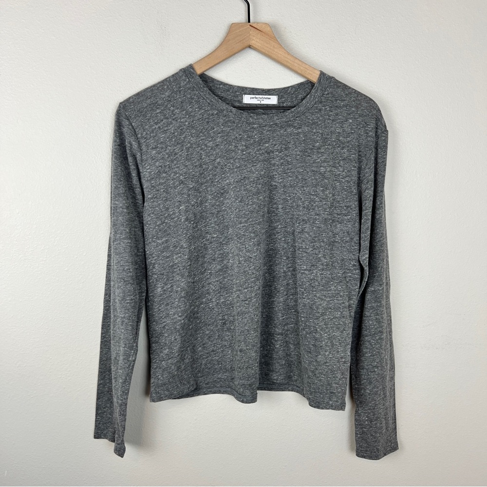 Perfectwhitetee Basic Grey T-Shirt Long Sleeve Crew Neck - Picture 2 of 5